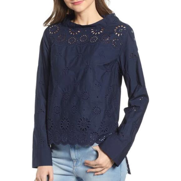 J. crew Funnelneck Eyelet Shirt In Navy - Picture 2 of 2
